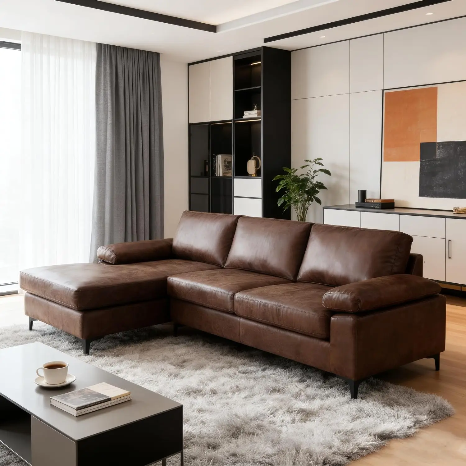 Faux Leather Reversible Chaise Sofa for Apartment Living Room, Dark Brown, Customized