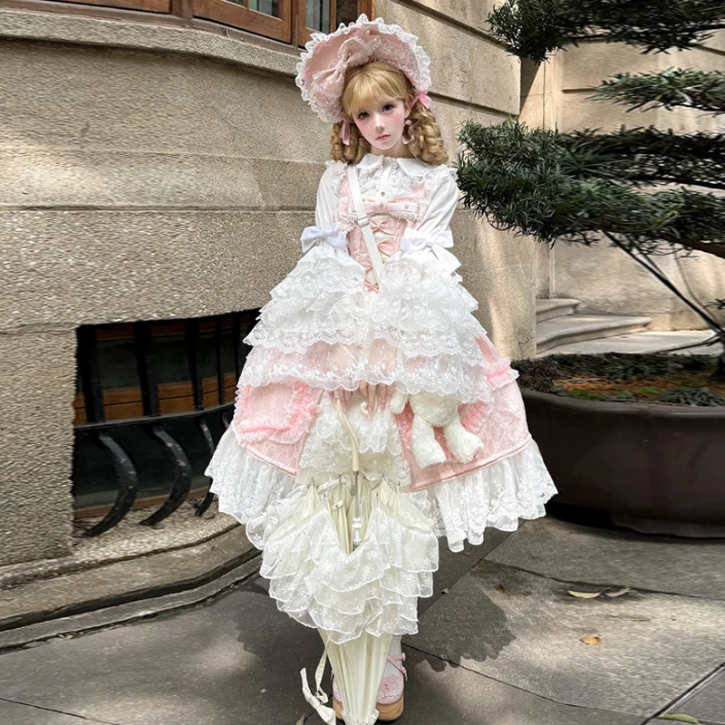 오리지널 디자인 일본 로리타 Jsk 서스펜더 드레스 스위트 소녀 여성 긴 소매 이너 셔츠 귀여운 공주 슬링 케이크 드레스