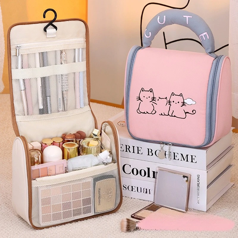 Soft Handle Cute Cat Toiletry Bag Ladies Travel Hanging Cosmetic Case Waterproof Large Capacity Makeup Organizer