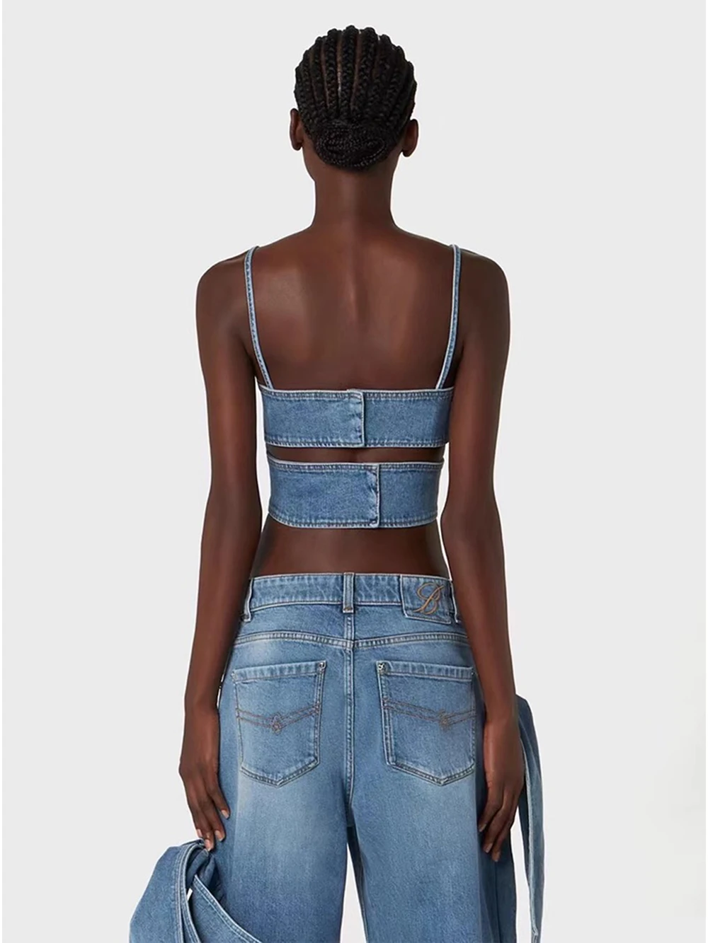 Haut court en denim à bandes croisées pour femmes, camisoles taille haute, jambe large, jean droit, streetwear sexy, mode, nouveau, ensemble 2 pièces, 2024