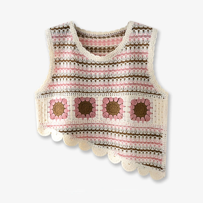 Granny Square Crochet Tank Top Sleeveless Asymmetric Hem Open-knit Crop Tops Women Teengirl Summer Fairycore Vintage Outfit