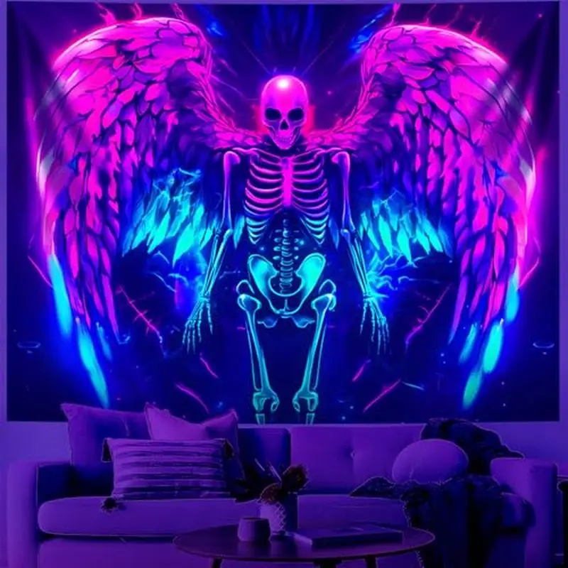 VIKAMA Fluorescent Wings Skeleton Devil Tapestry psychedelic Neon Gothic Wall Hanging Bedroom Dormitory Party Esports Room Decor