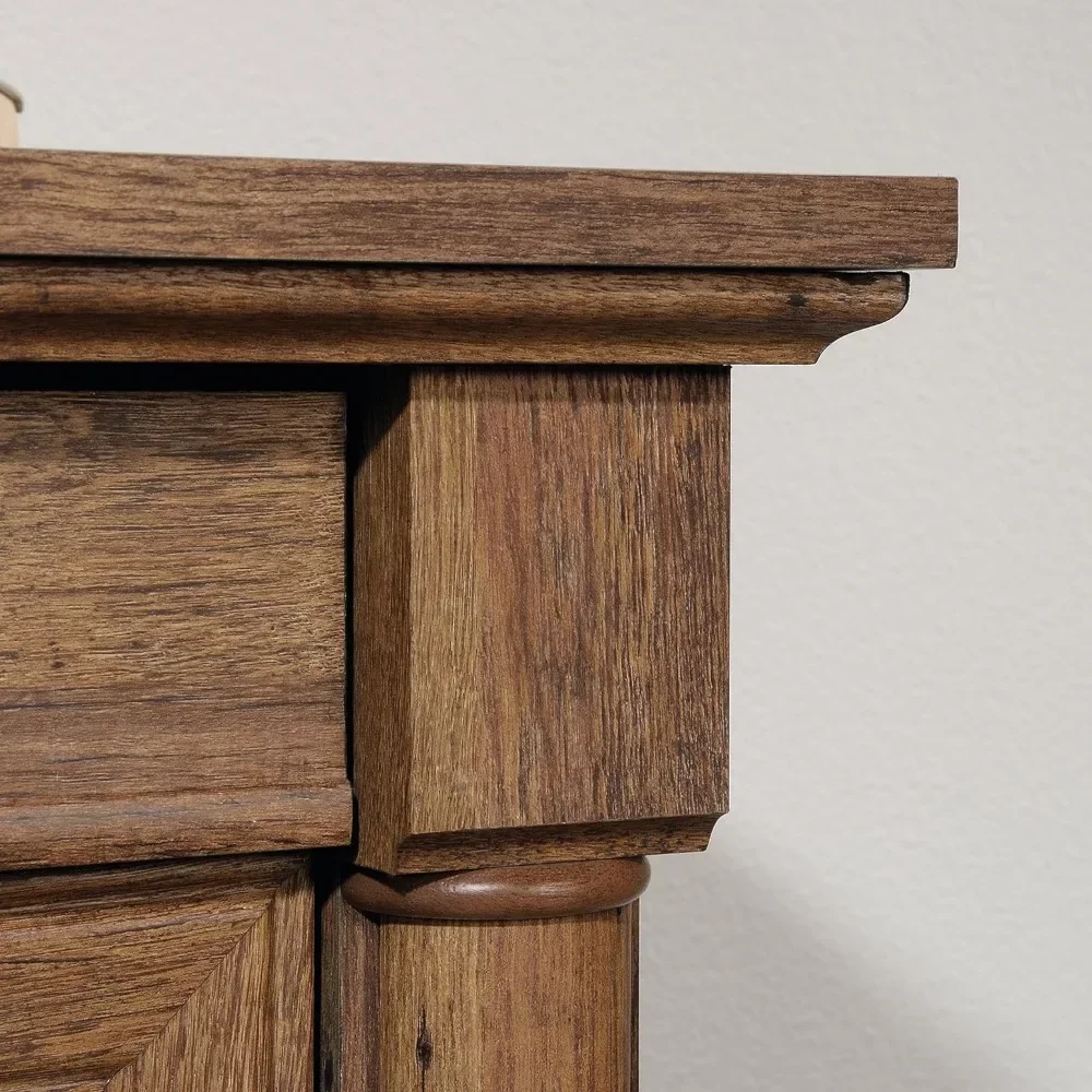 L-Shaped Desk with 5 Drawers, Computer Desk holds vertical CPU tower and has an adjustable shelf, Vintage Oak finish