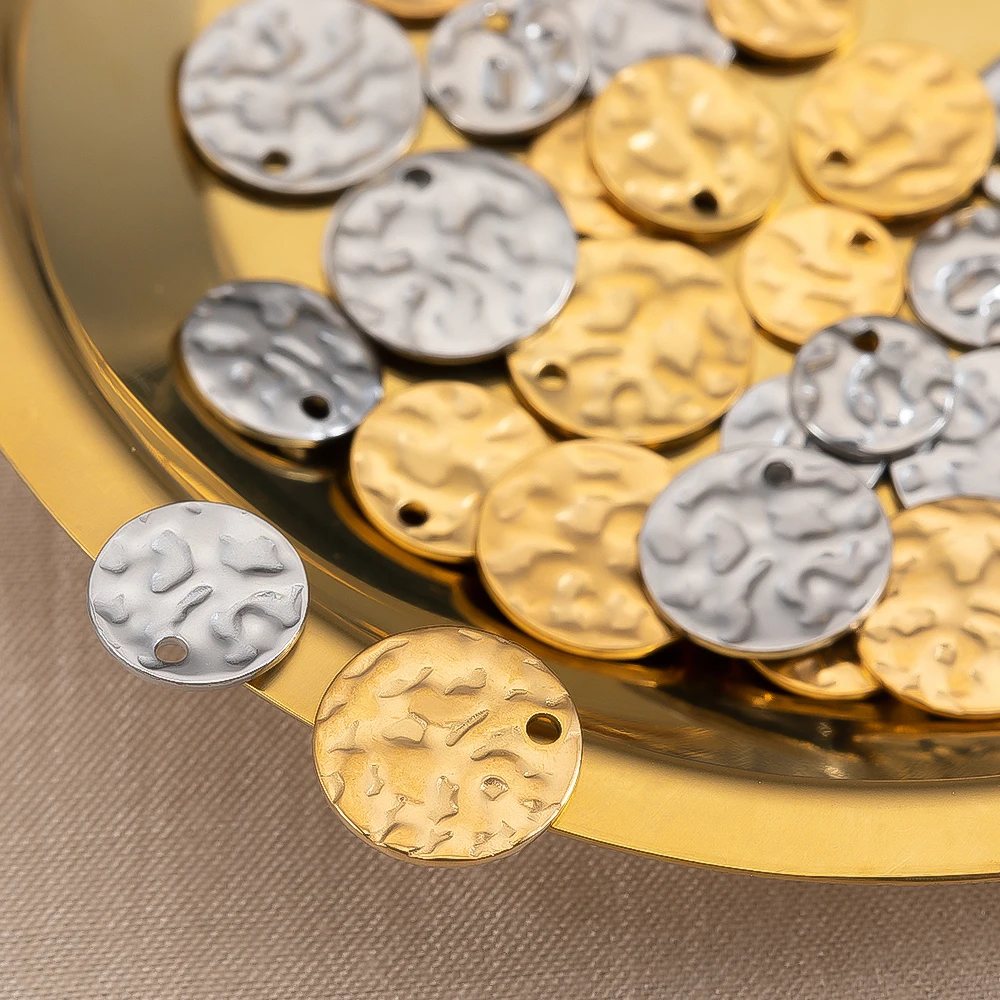 10pcs Golden Stainless Steel 8-12mm Round Hammered Earrings Charms Necklace Pendant For DIY Earring, Jewelry Making Components