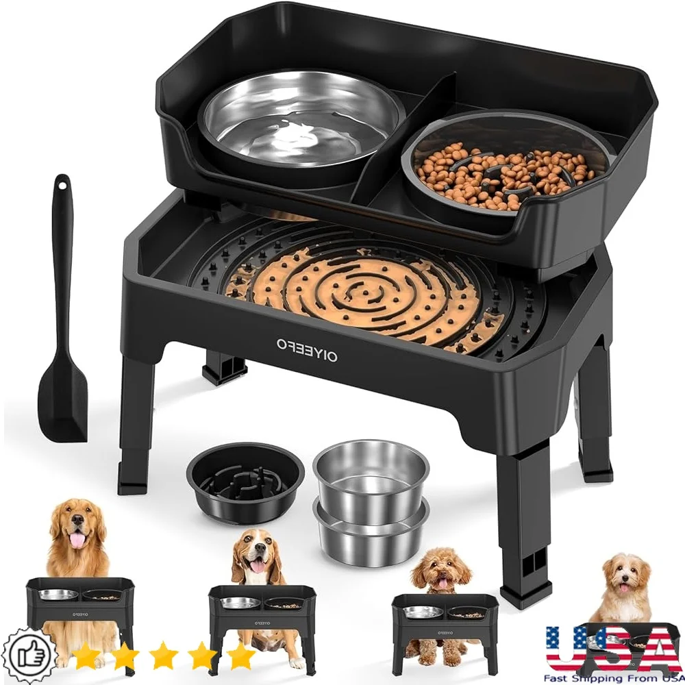 

4 in 1 Adjustable Height Elevated Dog Bowl Set Slow Feeder Lick Mat Stainless Steel Bowls Mess Proof Design Non-Slip Easy Clean
