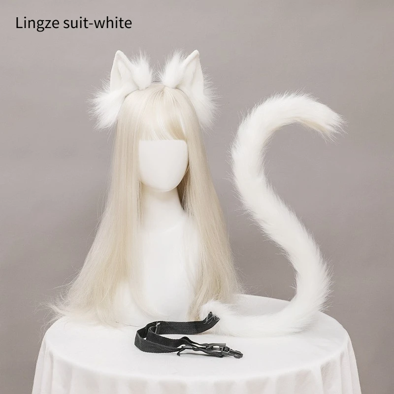 1セットぬいぐるみ猫耳尻尾セットリアルなロリータヘッドバンド猫尻尾コスプレ小道具手作りシミュレーション動物耳