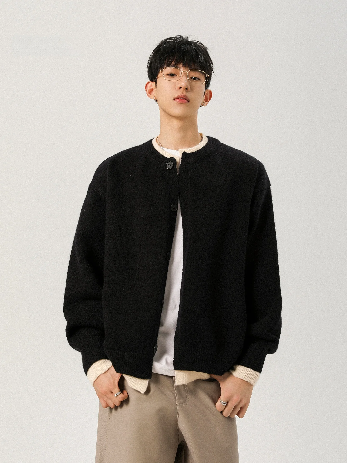 

American Retro Fake Two-Piece Open Cardigan Sweater Men's Autumn High-End Lazy Wealth Casual Inner Knitted Top