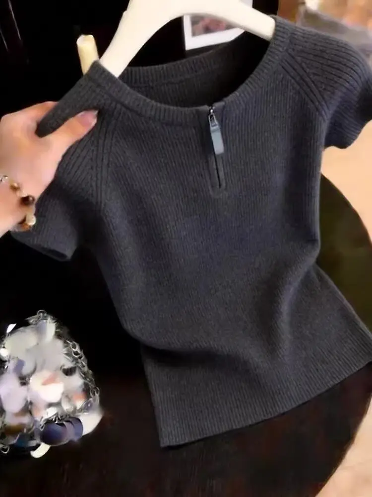 Gray Half-Zip Short-Sleeve Knitted T-Shirt Women's Summer plus Size Slimming Casual Versatile Base Layer Top