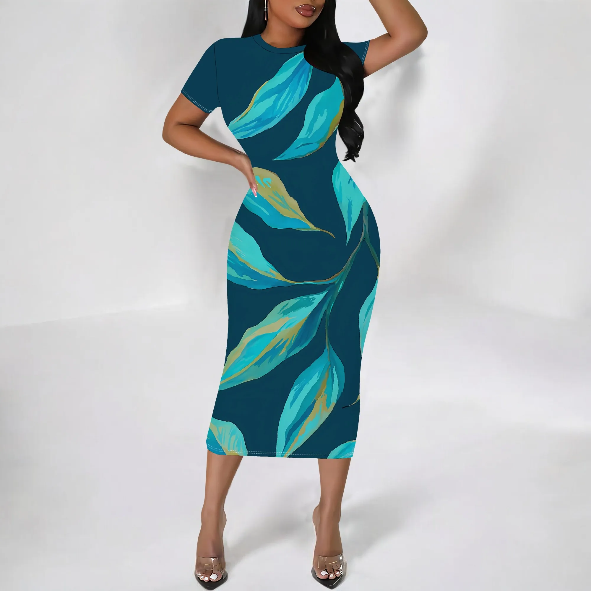 

S-3XL Women's Tropical Leaf Print Bodycon Midi Dress - Short Sleeve Summer Beach Party & Vacation Clubwear
