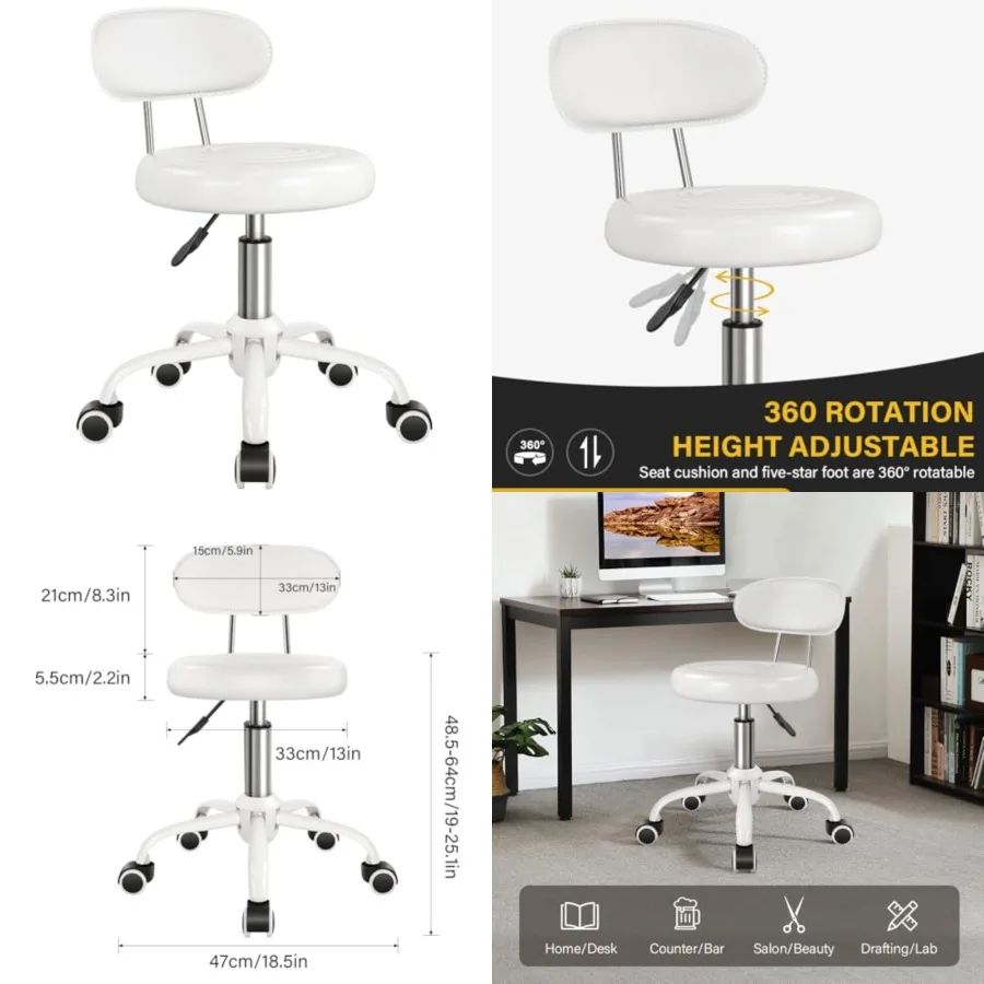 

Rolling Stool with Wheels Swivel Stool with Back Height Adjustable Chair PU Leather Rolling Chair Ideal for SPA Salon Home Offi