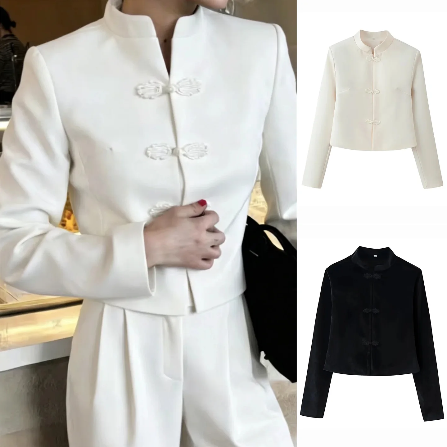 

Spring New Arrival Women's Minimalist Style Tailored Fit Short Coat Long Sleeve Stand Collar Button Decoration Casual Fashion