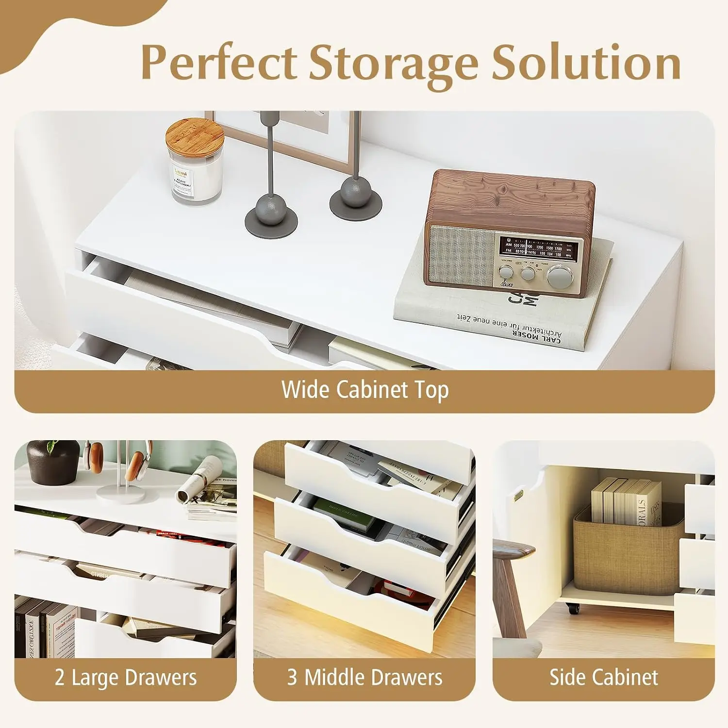 White 5-Drawer Rolling File Cabinet with Lockable Wheels for Home Office, Customized