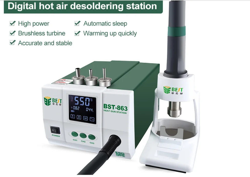 BST-863 1200W Big Power Heat Gun Lead-FreeSmart Touch Screen Control Constant Temperature LCD Display Desoldering Station