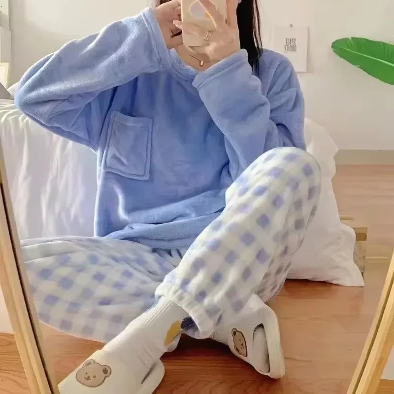 Fleece Thick Warm Women's Pajamas Set Winter Sleepwear Casual Solid Top and Plaid Pants Soft Pijamas Set for Women Home Suit - Image 6