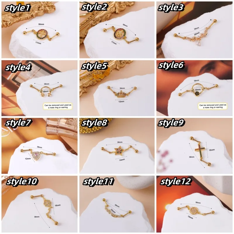 New Stainless Steel Ear Bridge Micro-inlaid Colored Zirconium Earbone Ring Cross Four-leaf Clover Crown Double Earrings