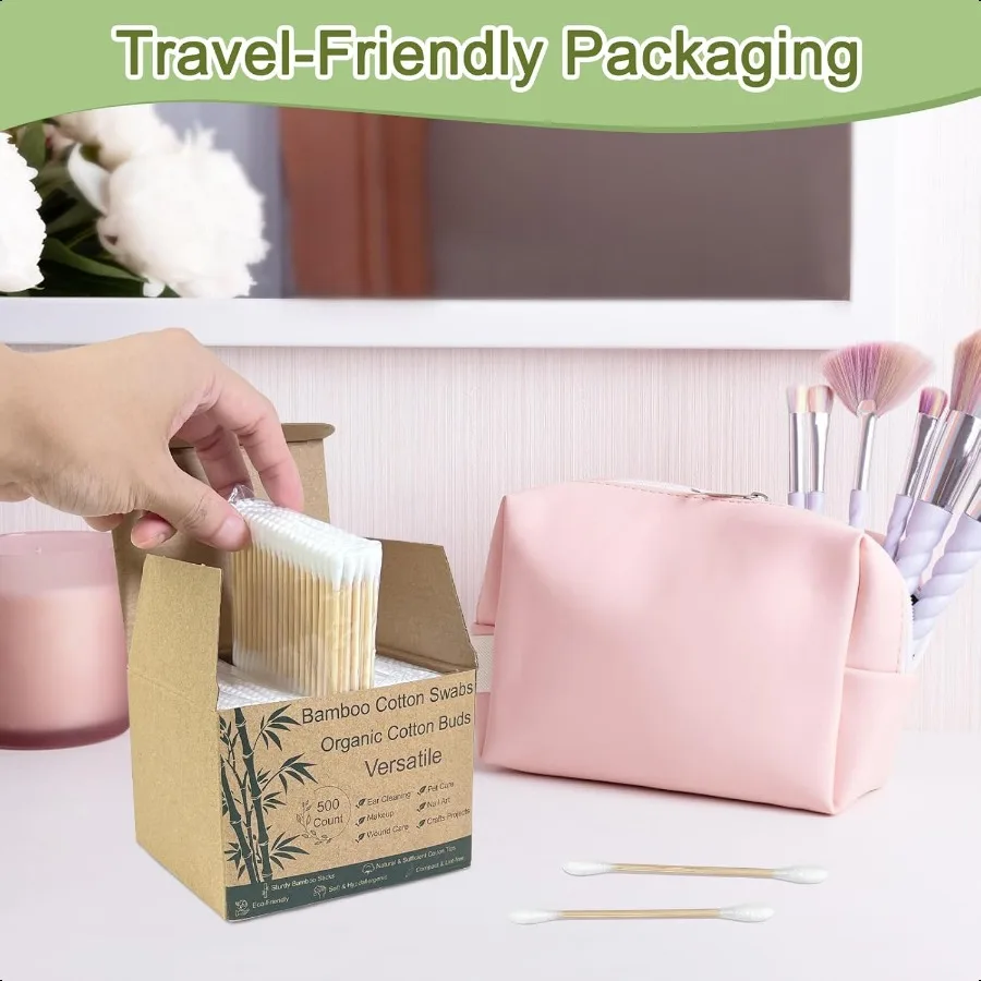 대나무 면봉 500개입 생분해성 양면 유기농 면봉 (귀 청소 및 메이크업용 나무 스틱 포함)