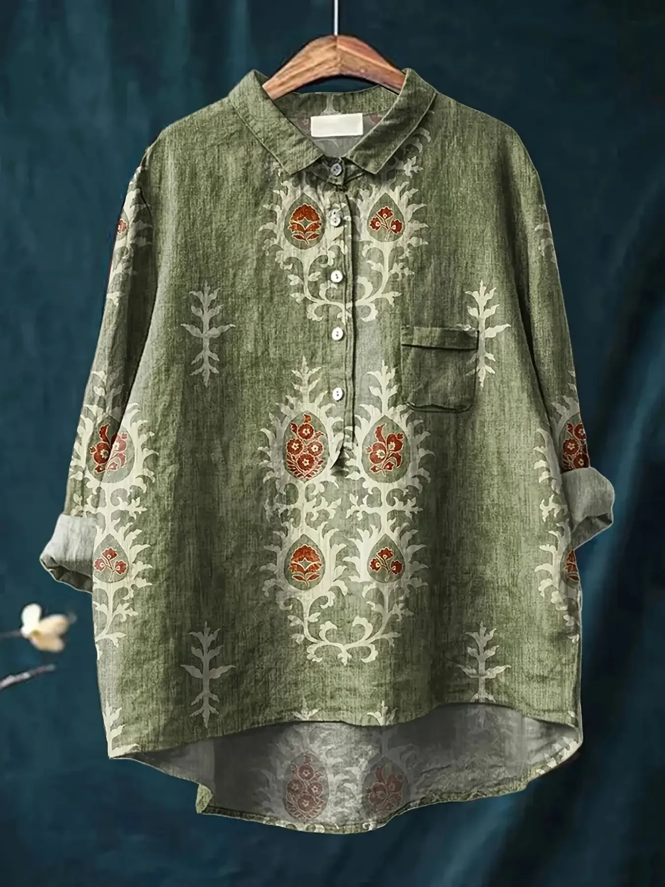 

Women's casual loose fit floral printed button up shirt - green color series Ethnic tribal style tops