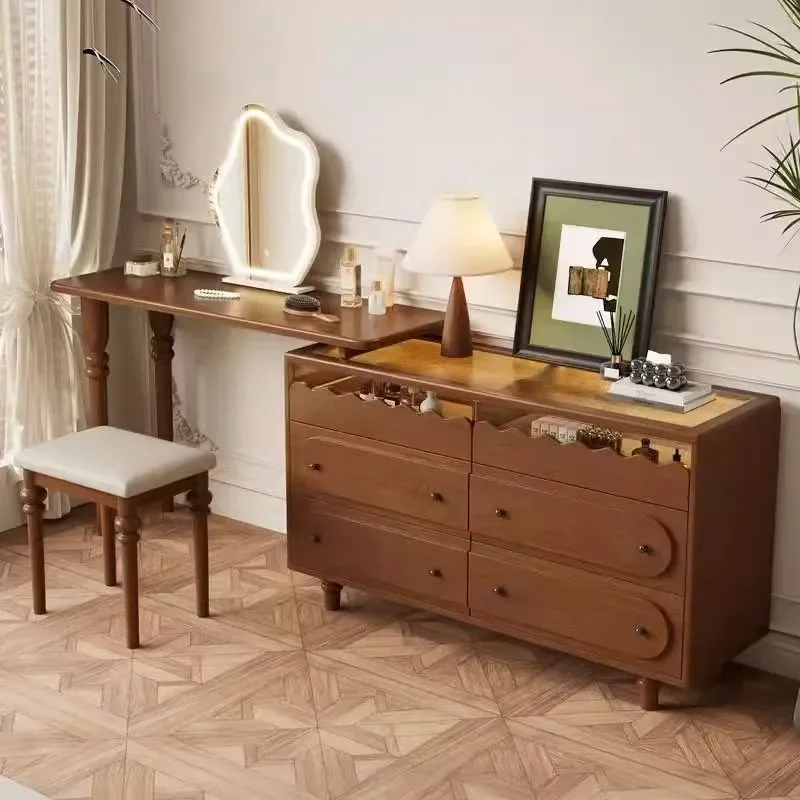 Retro Solid Wood Dresser with Retractable Top Roman Column Design Makeup Table for Small Apartment Bedroom Medieval Style