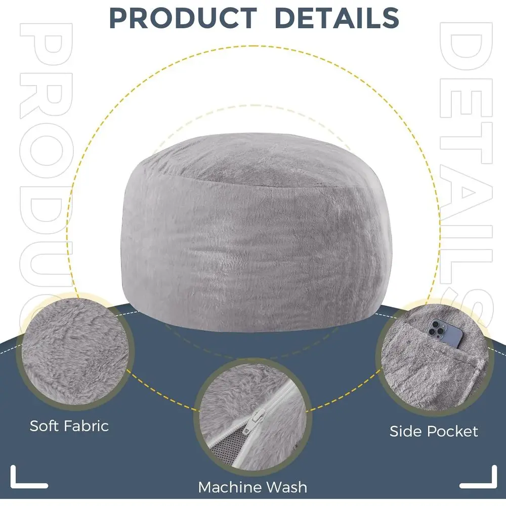 كرسي كيس فول كبير للكبار بطول 3 أقدام مع حشوة إسفنجية، غطاء فرو فائق النعومة، قابل للغسل في الغسالة، مثالي لغرفة المعيشة أو غرفة النوم #6