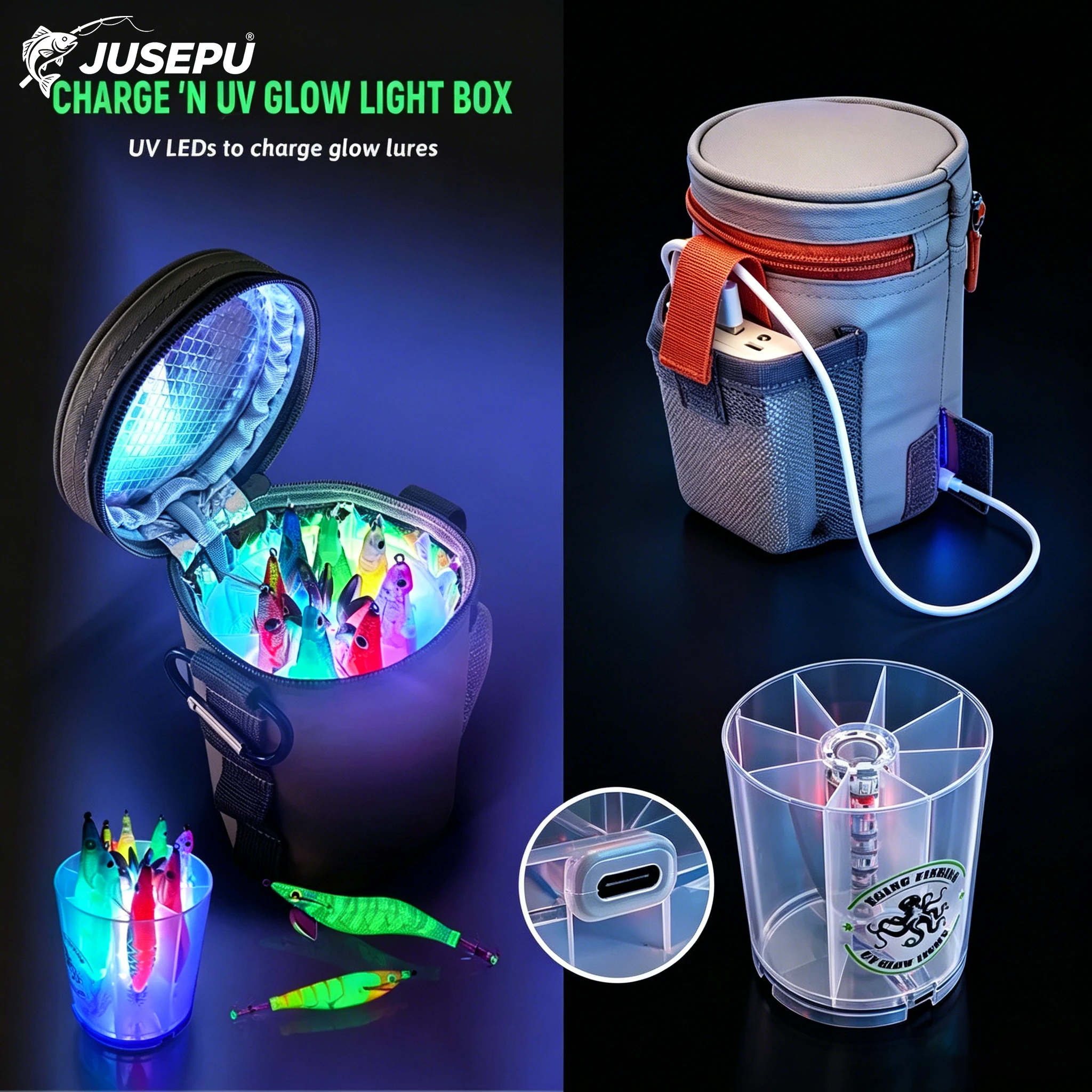 JUSEPU New UV Squid Jig Fill Light LED Accumulator For Squid Lure Sea Fishing Accessories Squid Light Charger Fishing Supplies