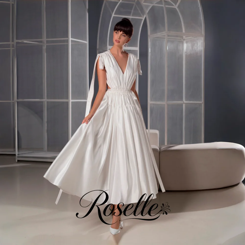 ROSELLE V-Neck Sleeveless Cut Out A-Line Ankle-Length Wedding Dress Backless Bow Elegant 2026 Bridal Customized свадебное платье