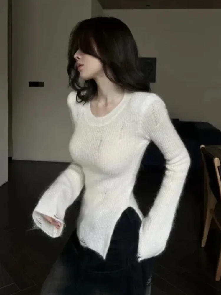 

Women Sexy Split Sweater Women Grunge Slim Fit Streetwear Vintage Knitted Irregular Jumpers Top Y2k Aesthetic Solid Pullovers