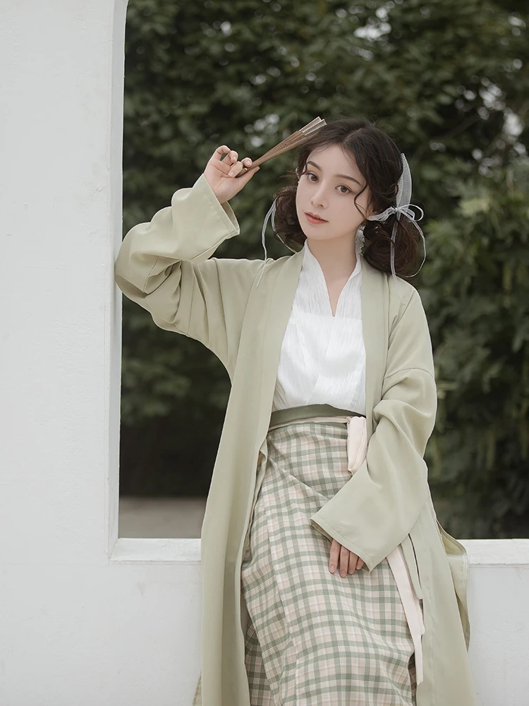 Song Dynasty Improved Hanfu Women\'s Aircraft Sleeve Swirl Skirt Summer Changhan Element Plaid Suit Short Shirt Thin