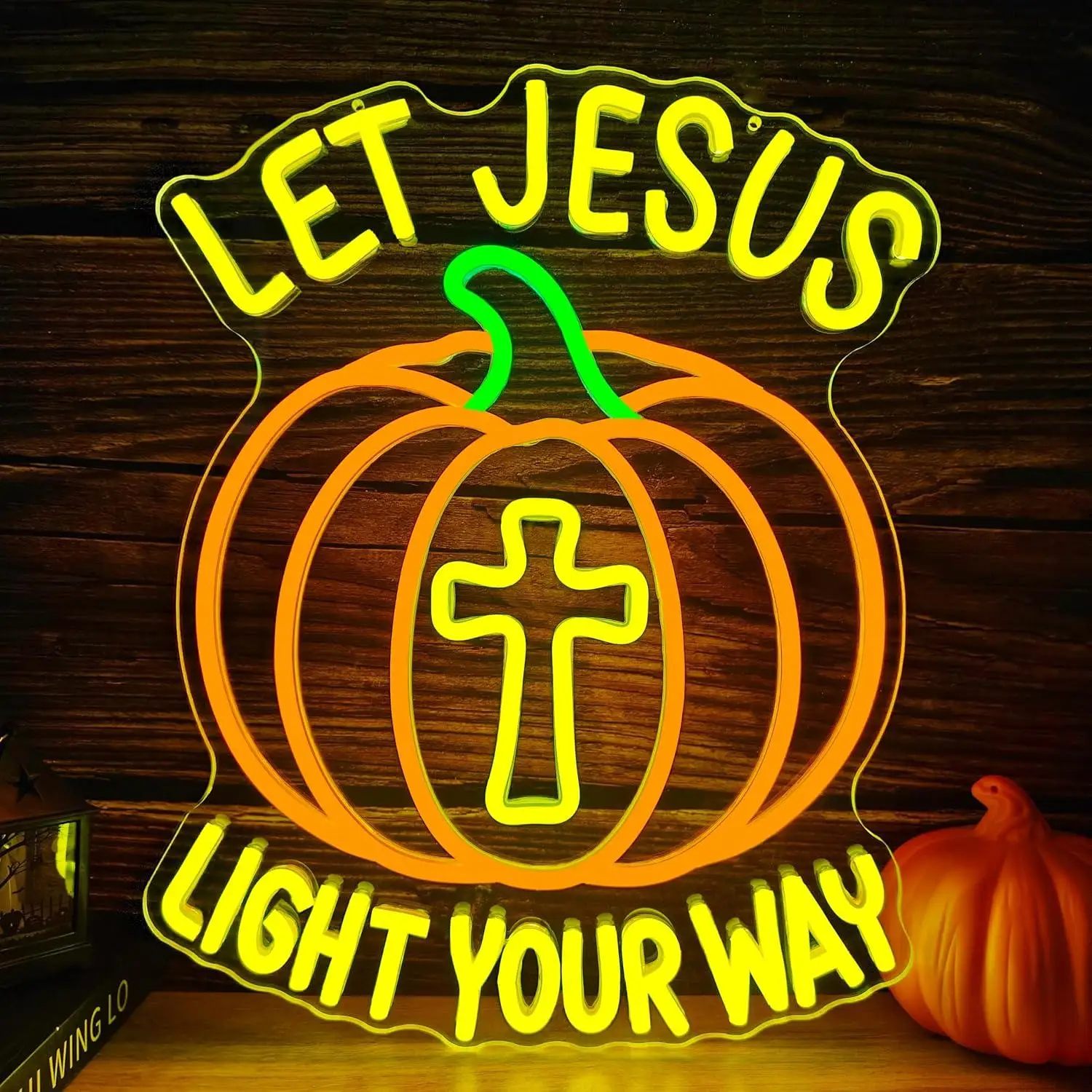 Let Jesus Light Your Way Neon Sign Christian Cross Pumpkin Led Light For Halloween Themed Room Chapel Dorm Party Holiday Display