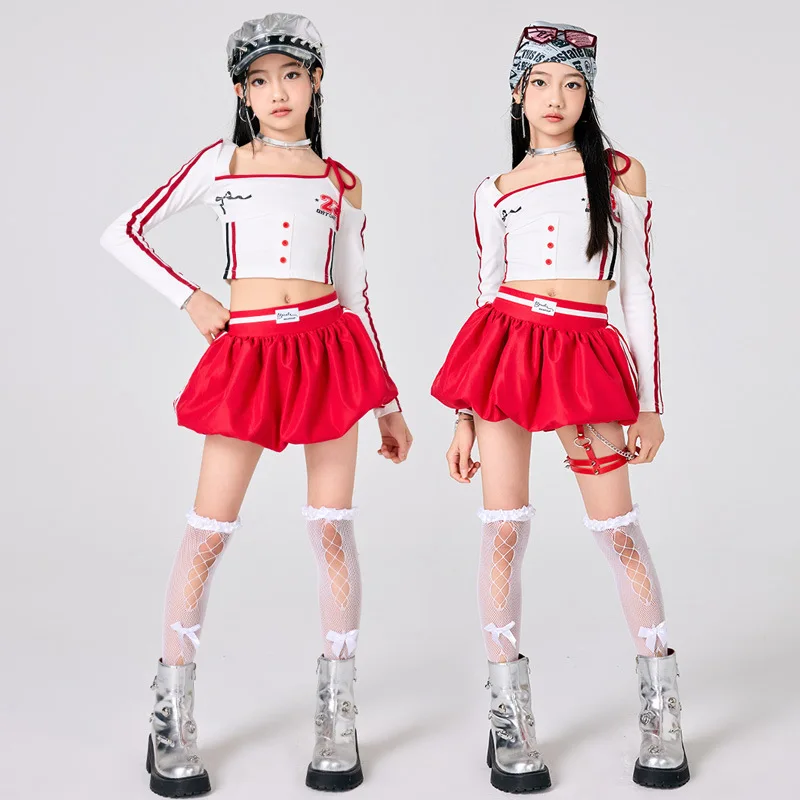 Ropa de Hip Hop para niñas, traje blanco, falda roja, traje de actuación de baile de Jazz, traje Kpop de moda, ropa de calle, desfile de pasarela