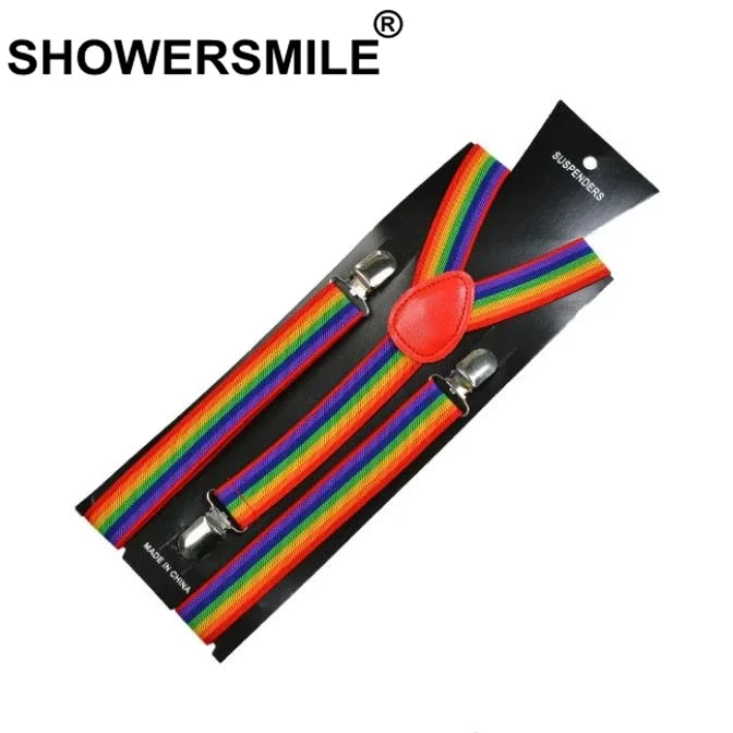 SHOWERSMILE- Tirantes de arcoíris para adultos, tirantes para camisa a rayas para hombres y mujeres, tirantes coloridos para pantalones, 3 Clips, elásticos de 100cm