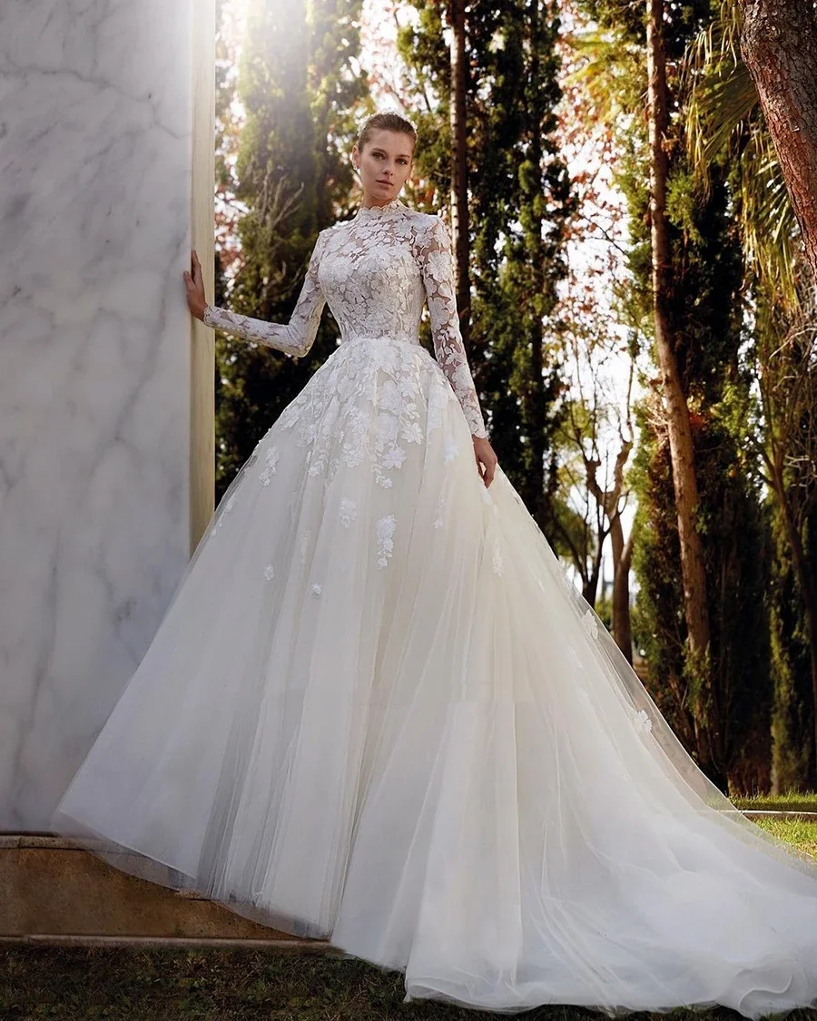 

Customized Vintage Princess Bride Gown Long Sleeve High Lace Tulles Illusion High Exquisite Wedding Dresses Vestidos De Novia