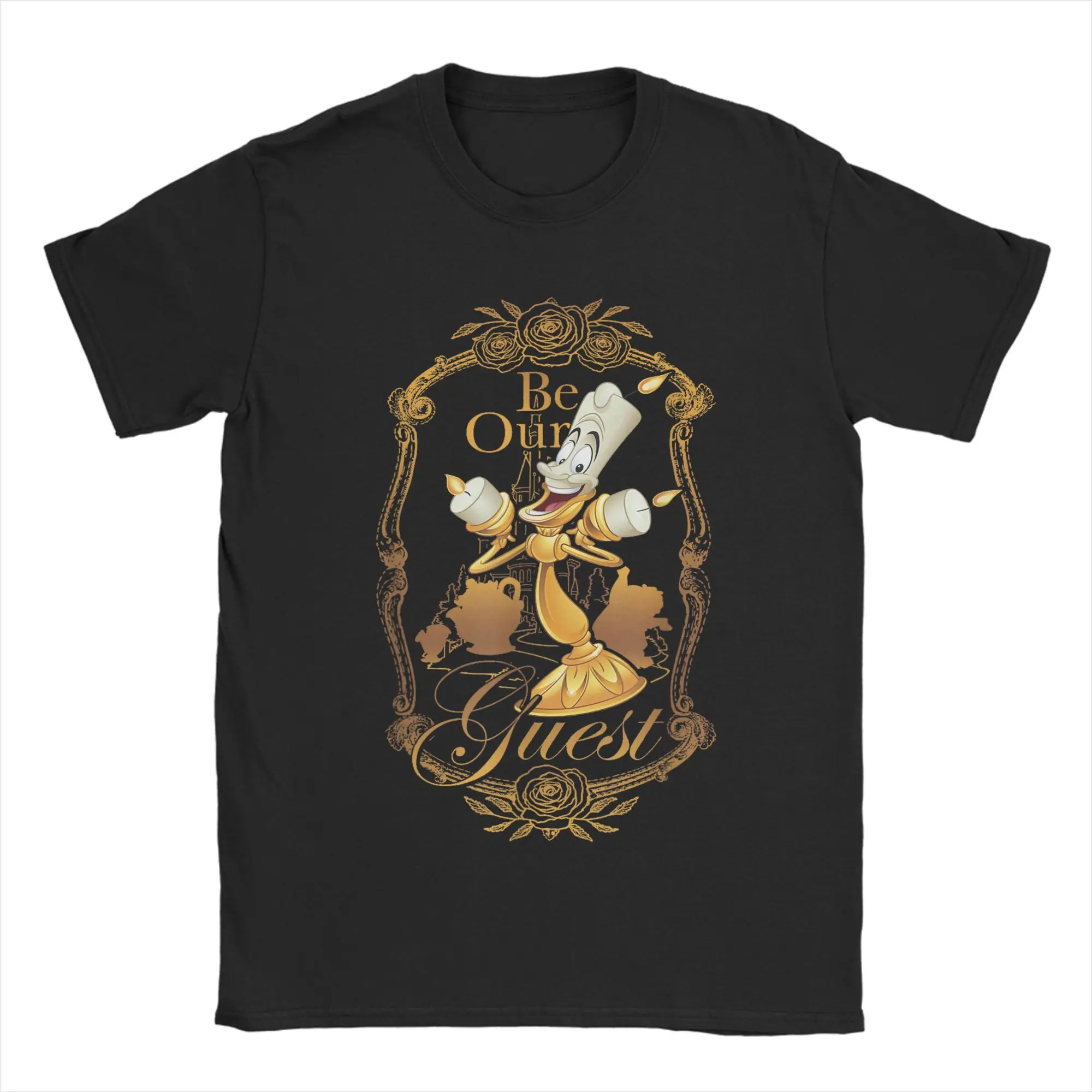 La Bella y La Bestia Be Our Guest Lumiere Poster Camisetas para hombres Camisetas divertidas Camisetas de manga corta con cuello redondo Tops de talla grande