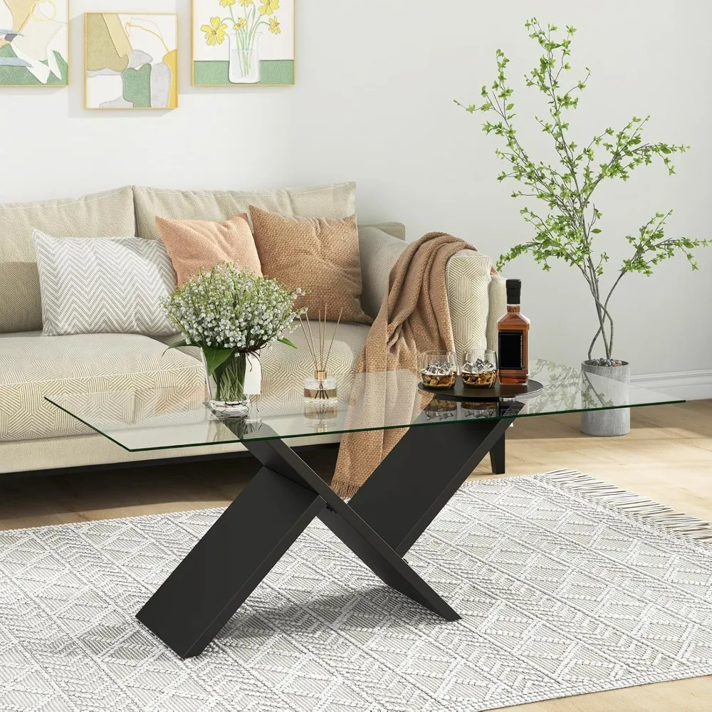 

Rectangle Glass Coffee Table, 47” Modern Center Table with Tempered Glass Tabletop & Geometric Rubber Wood Frame, Customized