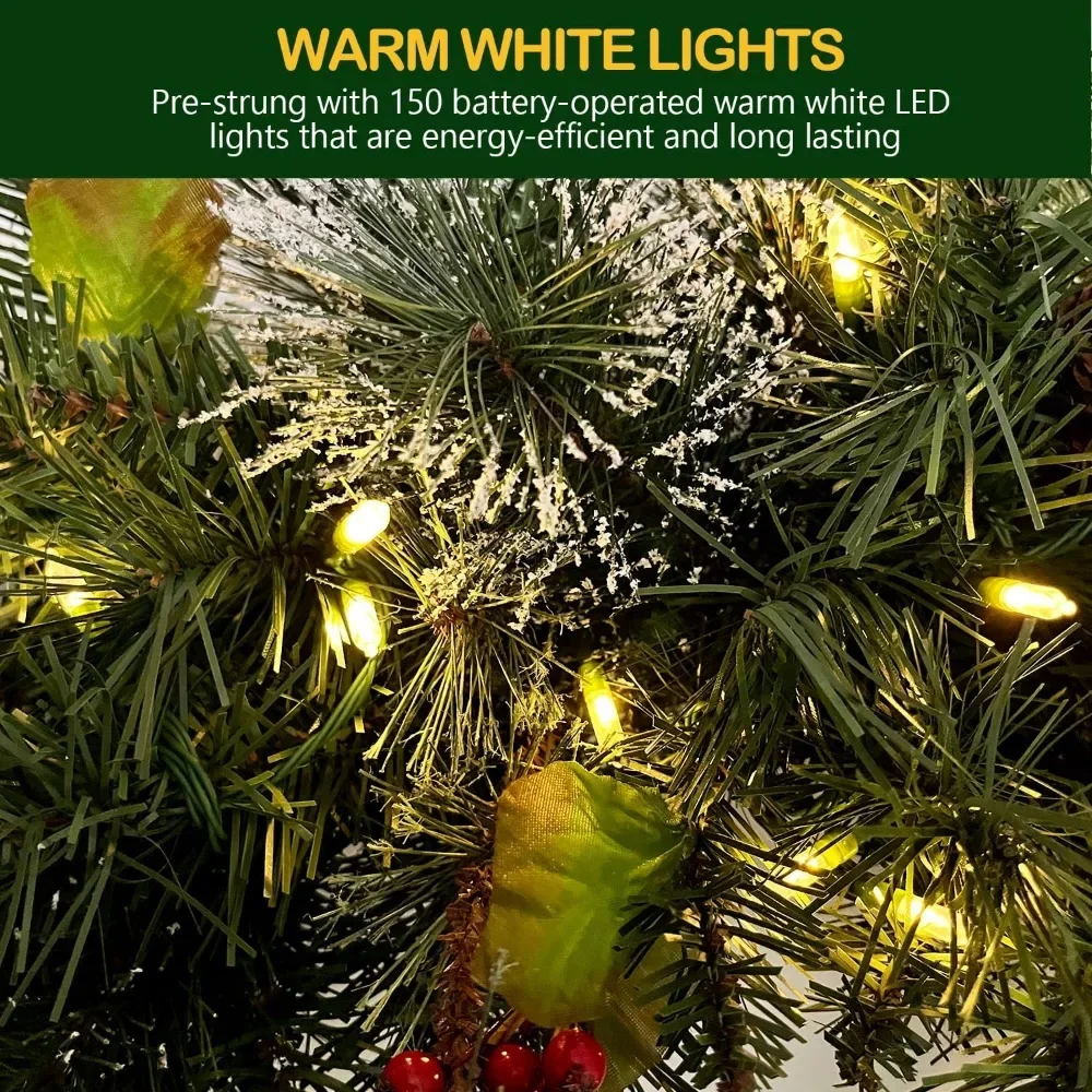 Artificial Christmas Wreath with 150 Warm White LED Lights, 289 Branch Tips, Battery Operated, 36 Inches, Wintry Pine Style