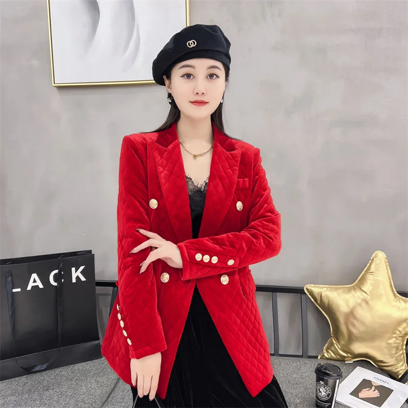 2023 Autumn/Winter New Velvet Plus Cotton Coat Women Double Row Metal Button Slim Warm Winter Cotton Coat Female High end Coat