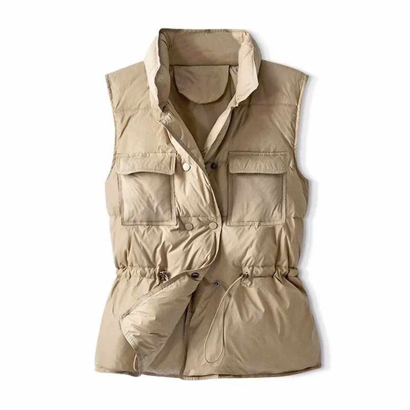 2024 Women Sleeveless Jacket New Spring Autumn Double Breasted Stand Collar Waistcoat Short White Duck Down Coat Female Parkas