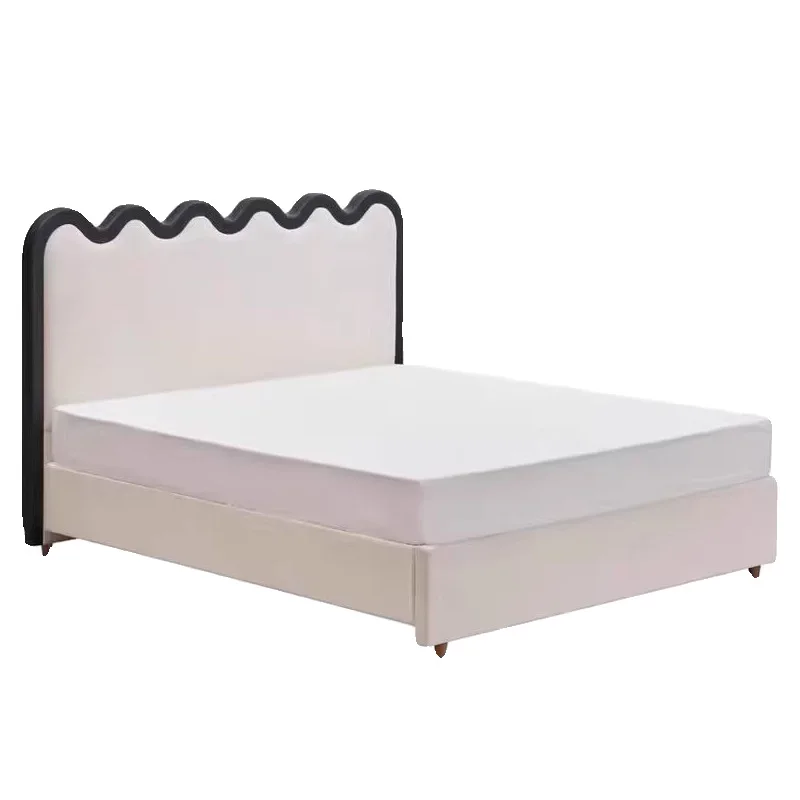 French Cream Wind Ripple Fabric Bed Modern Simple ins Velvet Double Bed Nordic Light Luxury 1.5m 1.8m