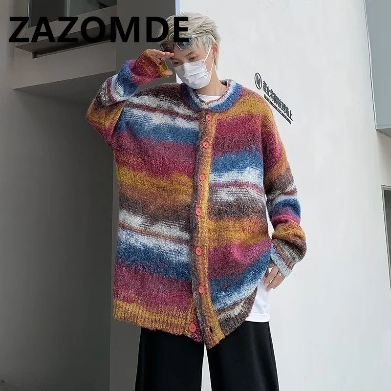 ZAZOMDE Winter Punk Knitted Sweaters Men Stripe Designer Oversized Harajuku Streetwear Sweaters Fall Hip Hop Cardigan Jumper Top