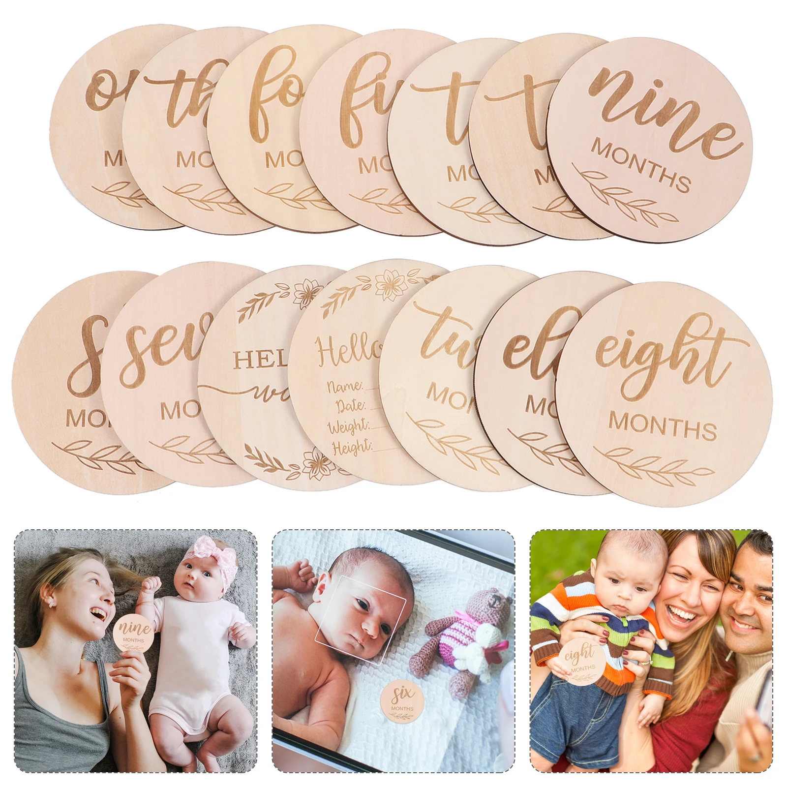 

1 set Monthly Wooden Cards for Baby Milestone Photography Props Engraved Growth Stickers Gifts Newborn First Year Signs