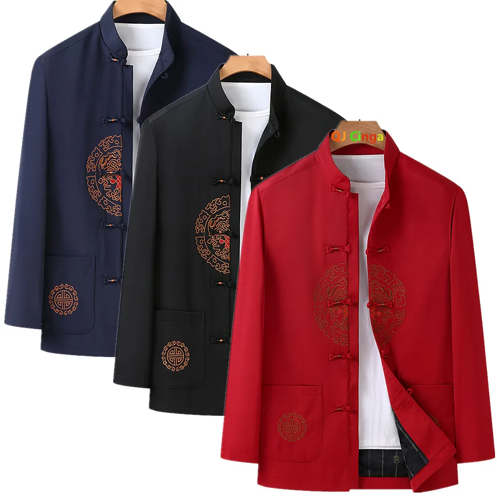 

Spring and Autumn Bright Red Men's Long-sleeve Jacket, Chinese-style Stand-up Collar Embroidered Coats, Wedding Party Top.