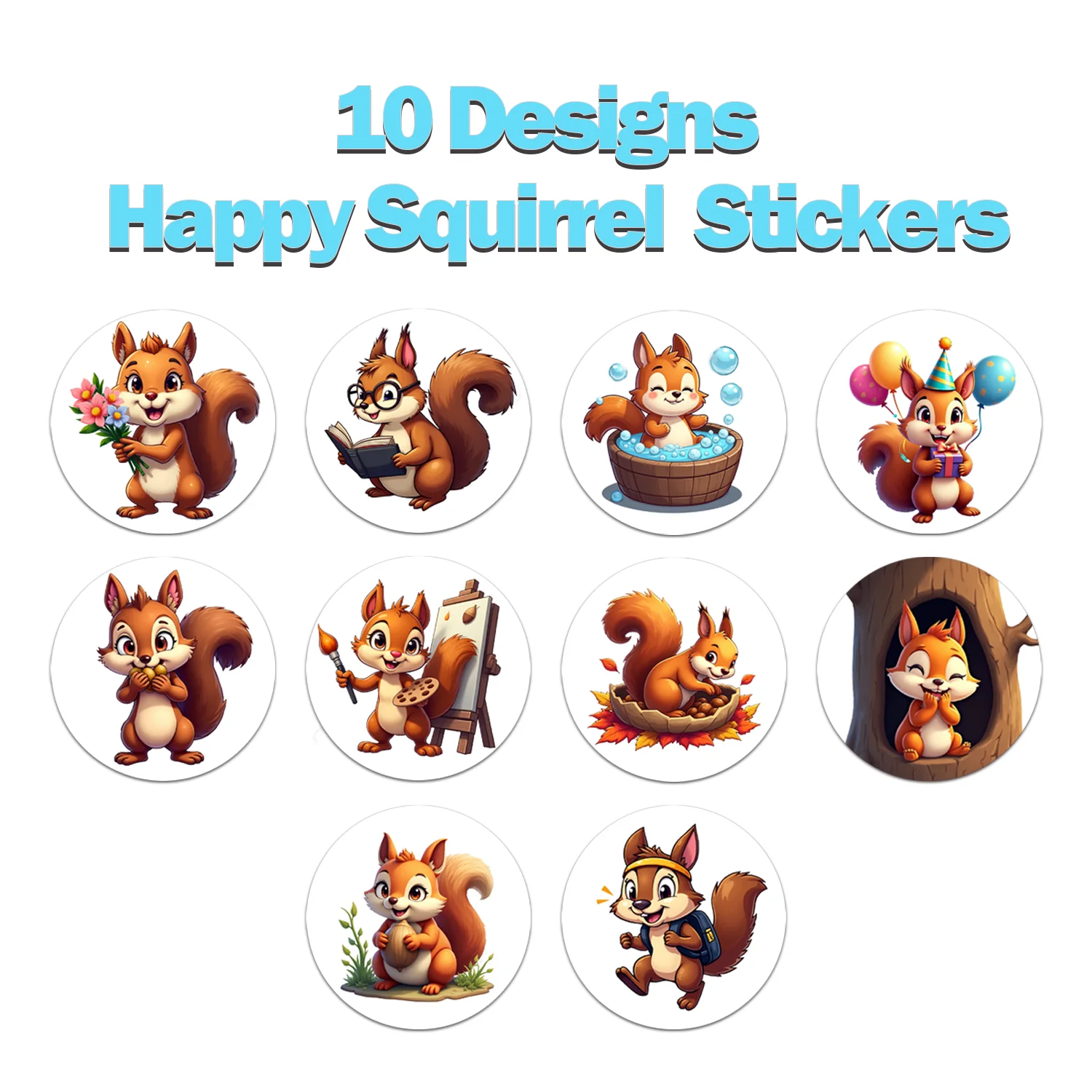 1Roll(500Pcs) Lovable Happy Squirrels Pattern Stickers 2.5cm/1.0'' 10 Designs Decals Diy Adorn Gifts Home Decor Sealing Labels