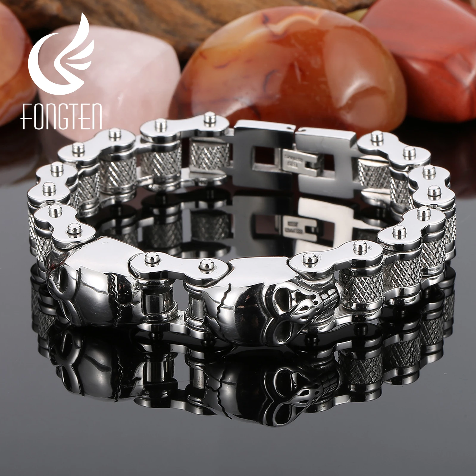 Fongten Gothic Skull Head Charm Bicycle Motorcycle Chain Fashion Men Bracelet 8.66 Inch Stainless Steel Punk Jewelry