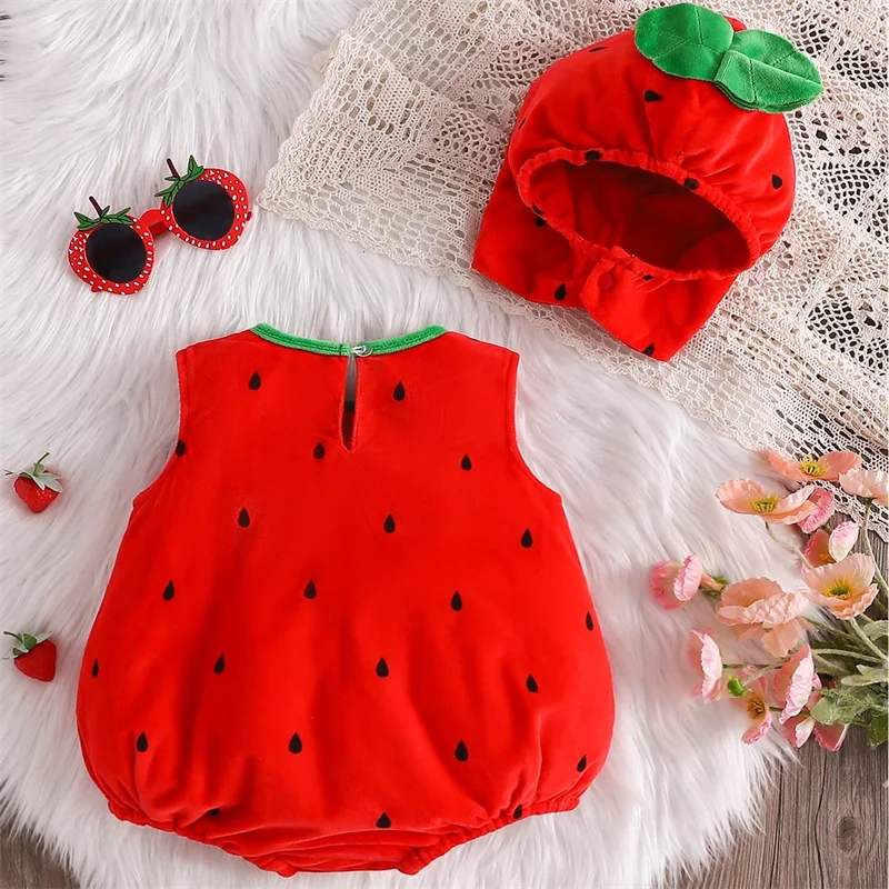 Toddler Baby Girls Strawberry Costume Christmas Halloween Strawberry Romper Fleece Leaf Trim Sleeveless Strawberry Romper Hat