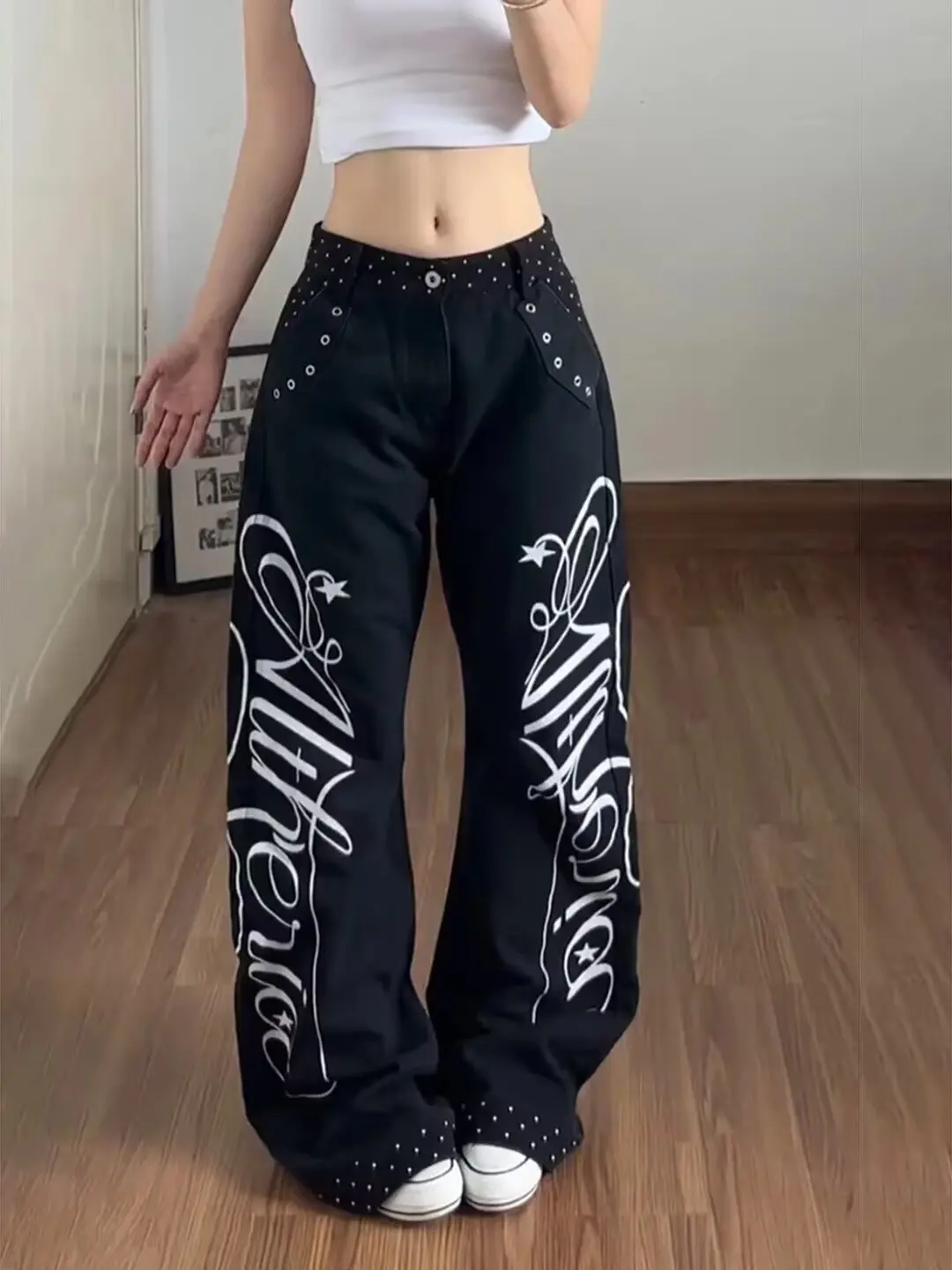 New Street Style Retro Black Graffiti Jeans Women Jeans American Hip Hop High Street Loose Pants