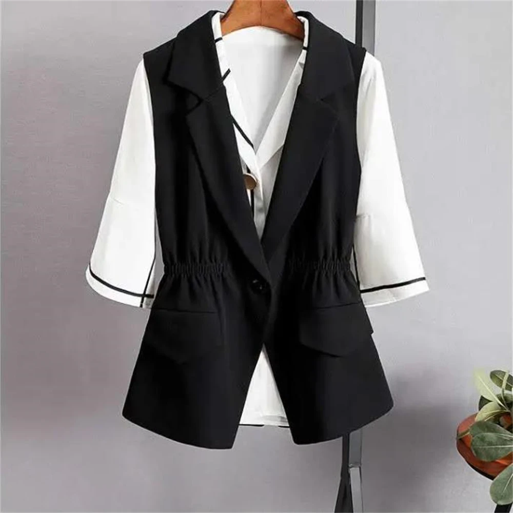 Women's Slim Elastic Waist Suit Vest Elegant Female Tops Sleeveless Jackets Slim Waistcoat New Fashion S-4XL