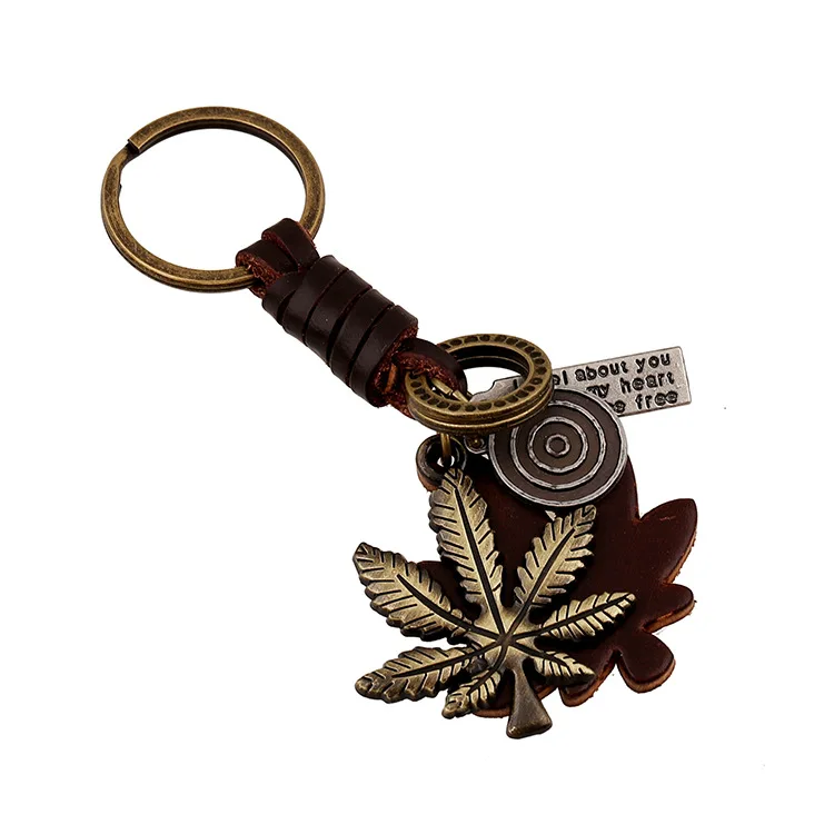 Punk Style Leather Keychain for Men with Alloy Maple Leaf Charm Vintage Braided Cowhide Key Ring for Car Keys Wallets Bag