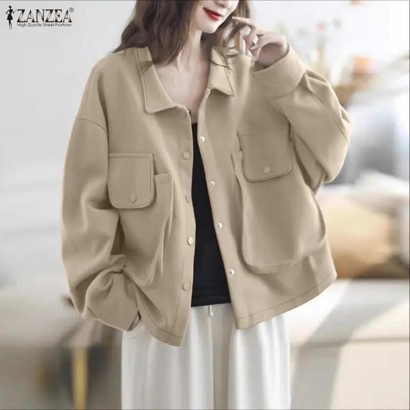

ZANZEA Minimalist Women's Jackets Casual Chic Pockets Turn-Down Collar Long Sleeve Button Up Overshirts Streetwear Woman Clothes