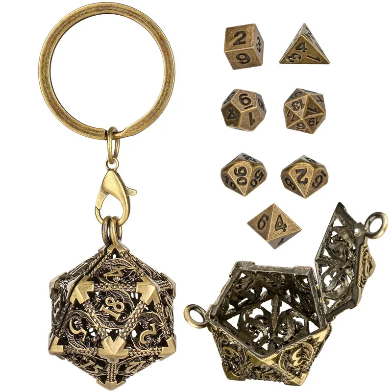 

Small Portable Keychain with Hollow D20 Metal Case Tiny 7pcs Polyhedral Metal Dice Set Gaming Dices Accessory
