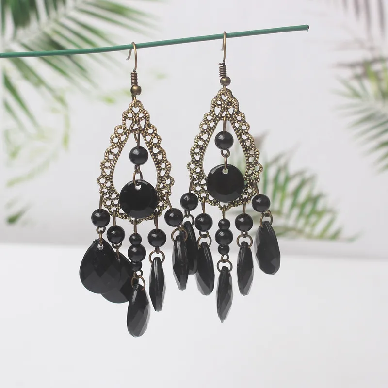 New European Black Hook Earrings Vintage Acrylic Beads Pendants Dangle Earrings Retro Ethnic Hanging Earrings Wholesale Jewelry