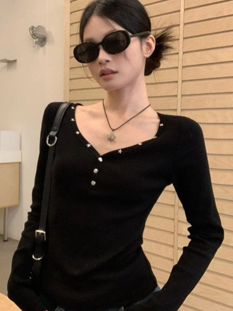 

Винтажная женская футболка с длинным рукавом и V-образным вырезом, облегающая, в американском ретро-стиле, черная, повседневная, в японском и корейском стиле, модная одежда